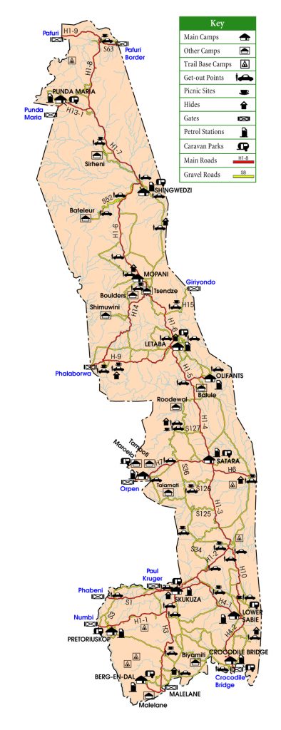 Mapa com a marcação dos Portões e Camps do Kruger