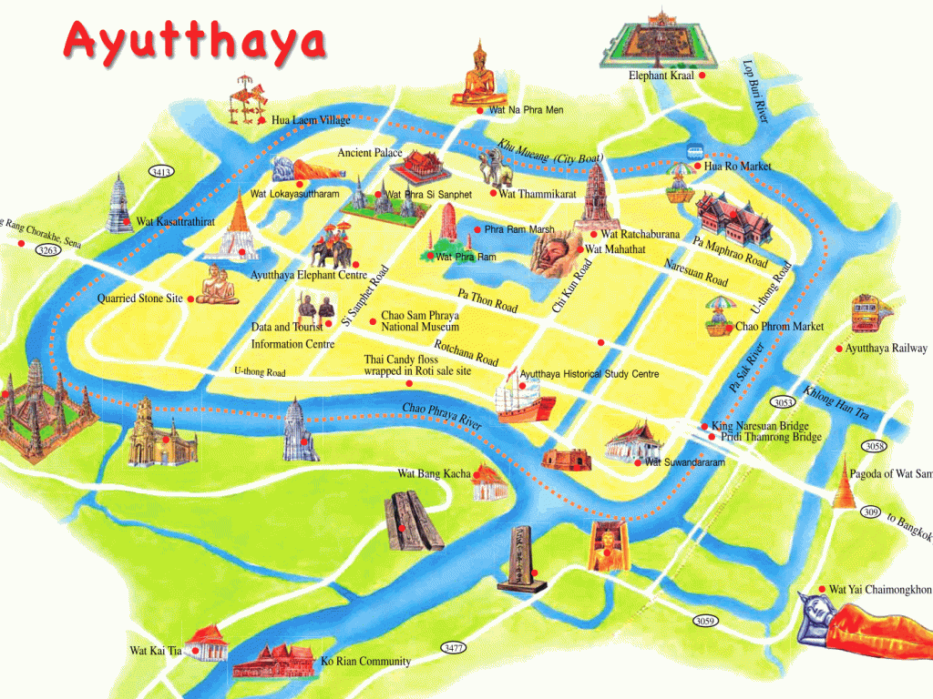 Mapa dos templos de Ayutthaya (fonte: patricklepetit.jalbum.net)